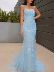 Appliques Cross Criss Backless Ice Blue Lace Prom Dress