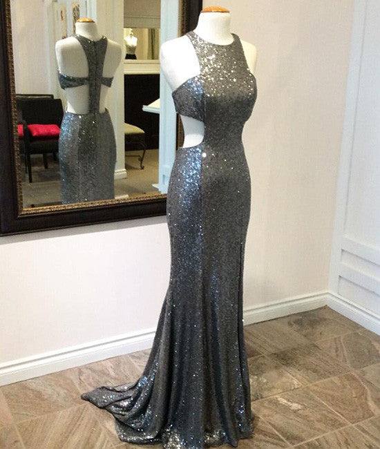 Unique gray sequin mermaid long prom dress, gray evening dress - RongMoon