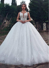 Sequin Tulle Scoop Ball Gown Wedding Dress With Lace Appliques