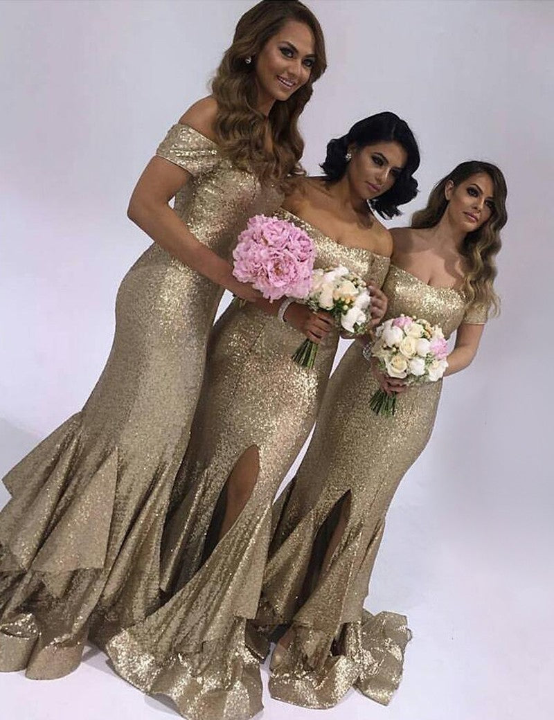 Short Sleeves Long Sequins Ruffles slit Bridesmaid Dress