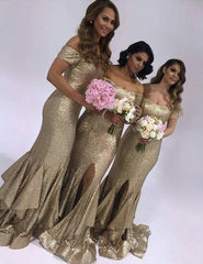 Short Sleeves Long Sequins Ruffles slit Bridesmaid Dress