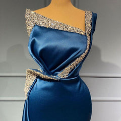 Royal Blue One Shoulder Beading Satin Long Trumpet Mermaid Prom Dress