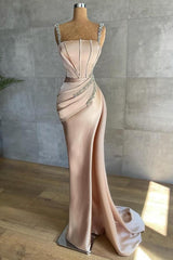Champagne Spaghetti Straps Ruched Beading Sheath Column Prom Formal Dress