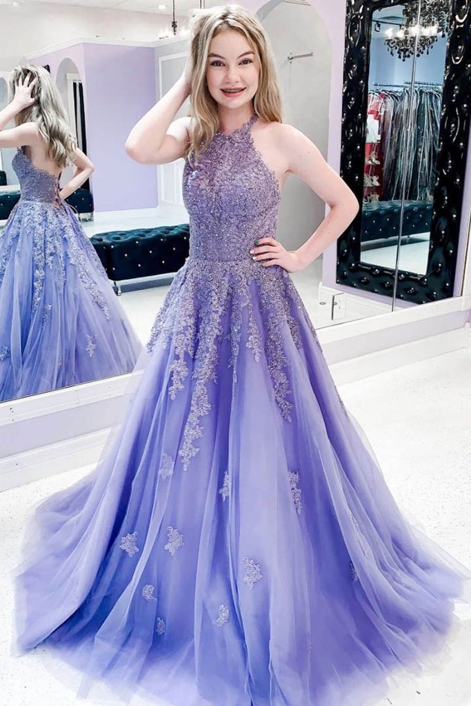 Beading Appliques Purple Halter Tulle Sweep Train Prom Dress