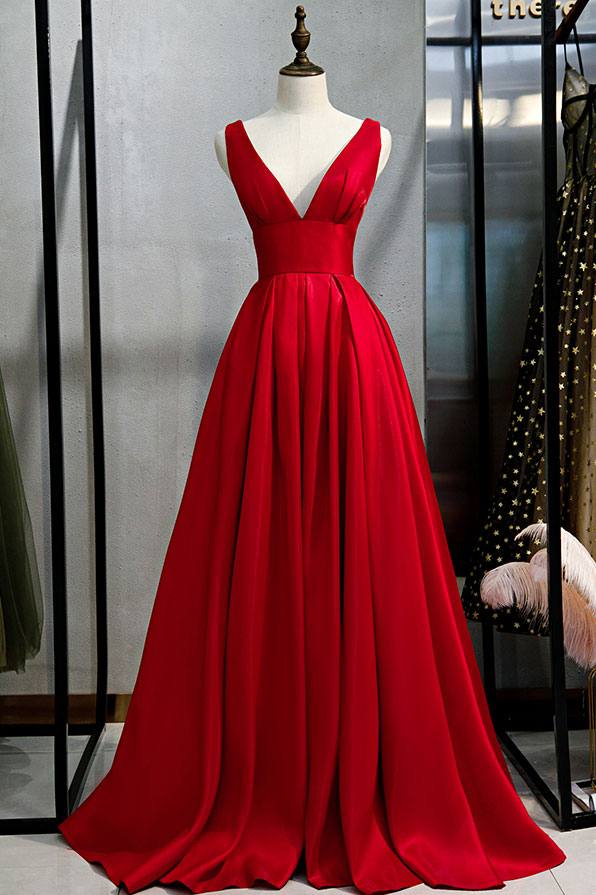 Red v neck satin long prom dress simple red evening dress - RongMoon