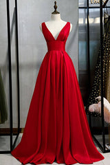 Red v neck satin long prom dress simple red evening dress - RongMoon