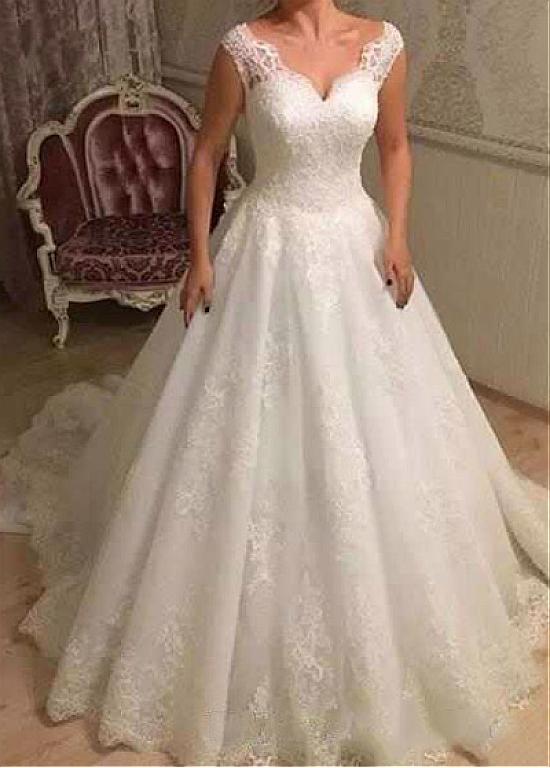 Tulle Lace Appliques V-neck Beading A-line Wedding Dress
