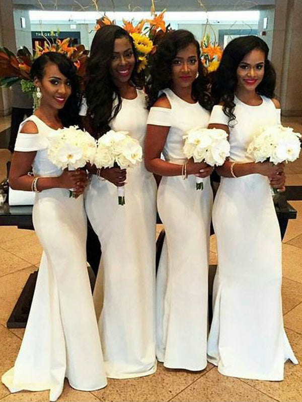 Mermaid Scoop Short Sleeves Satin Bridesmaid Dresses