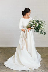 Scoop Belt 3/4 Sleeves Satin Beading Crystals Wedding Dress