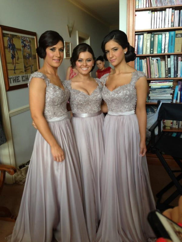 V-Neck Silver Lace Sequins Beads Cap Sleeves Bridesmaid Dress