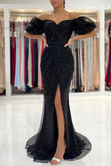 Black Off The Shoulder Sparkle Puffy Sleeve Trumpet Mermaid Formal Dress