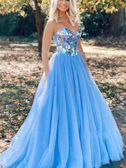 Blue Sweetheart Ball Gown Sparkle Tulle Prom Dress