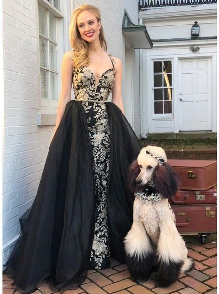 Spaghetti Straps Sleeveless Black Long A-Line Prom Dress with Appliques