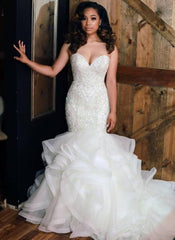 Sweetheart Neck Ruffles Skirt Mermaid Cheap Beaded Wedding Dress