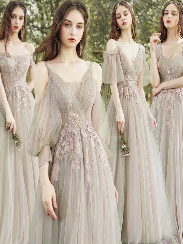 Newest Mismatched Tulle Lace Appliques Bridesmaid Dresses, A-line Bridesmaid Dresses, Popular Bridesmaid Dresses, Cheap Bridesmaid Dresses - RongMoon