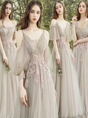 Newest Mismatched Tulle Lace Appliques Bridesmaid Dresses, A-line Bridesmaid Dresses, Popular Bridesmaid Dresses, Cheap Bridesmaid Dresses - RongMoon