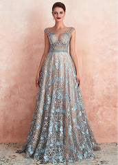 Lace Bateau Neckline A-line Evening Dresses With Beadings