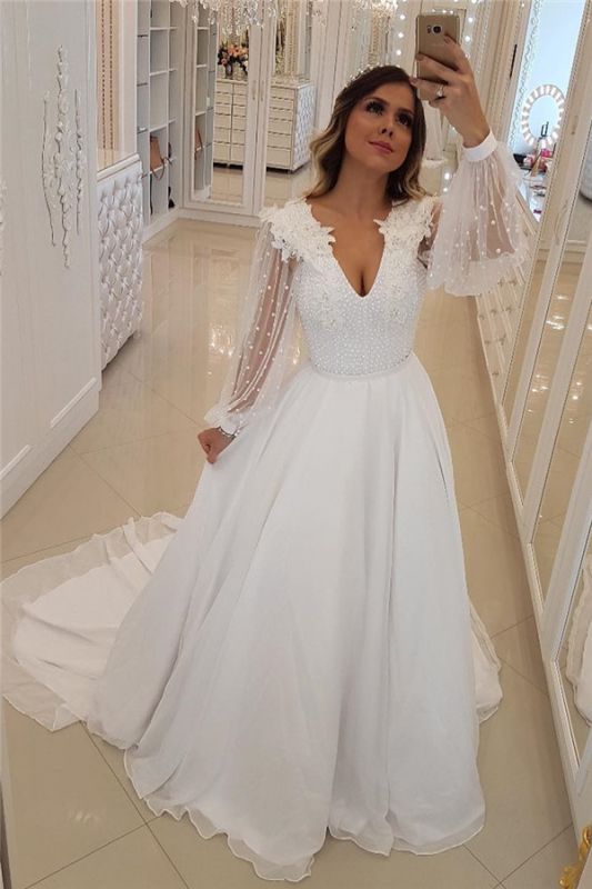 White Flowers Beading V Neck Long Sleeves Formal Dress