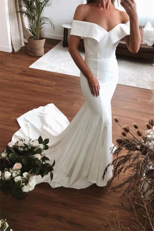 Short Sleeves Off The Shoulder Ruffles  Mermaid Wedding Dress