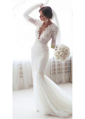 Beading Long Sleeves Lace Jewel Mermaid Wedding Dress
