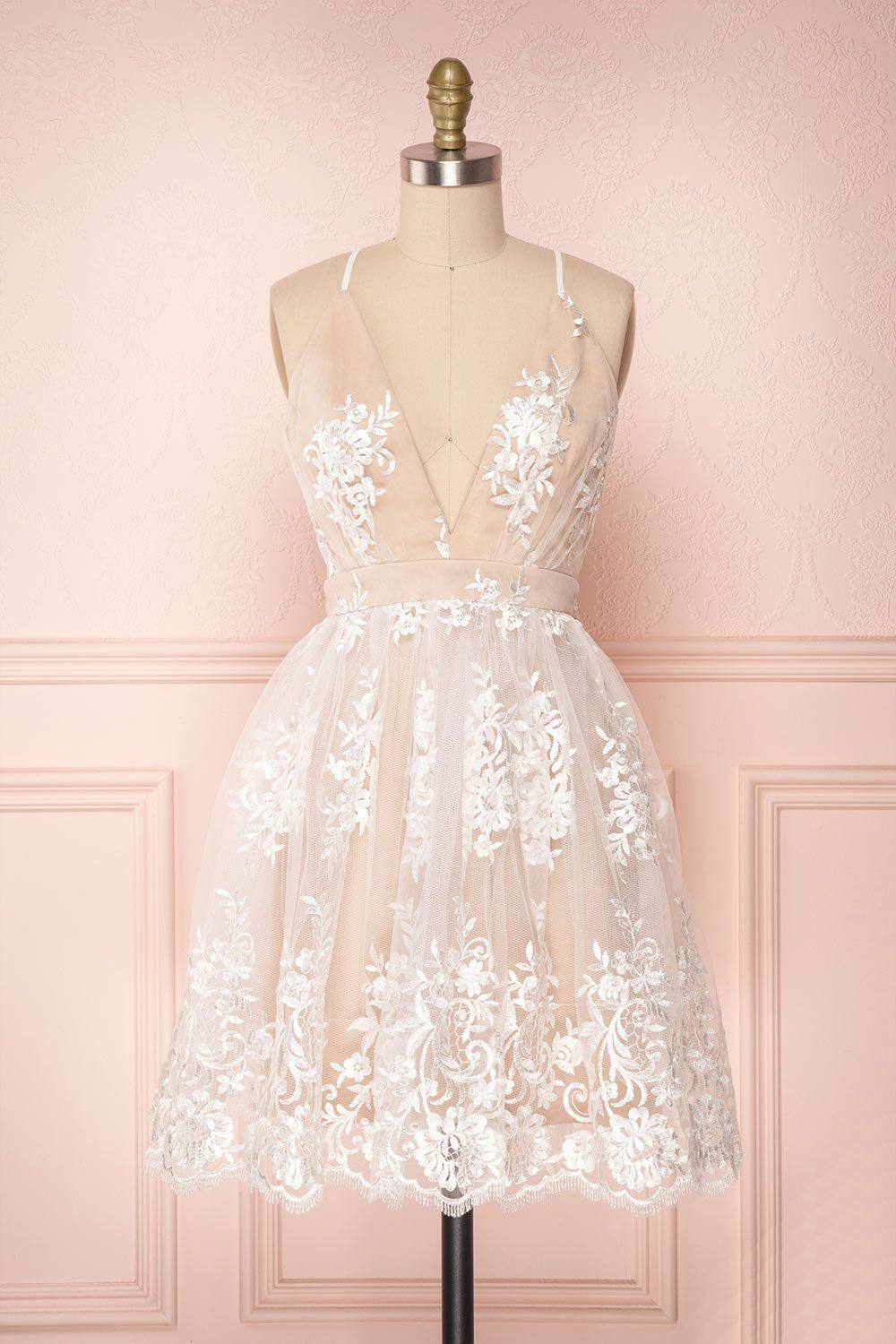 Champagne v neck tulle lace short prom dress champagne tulle bridesmaid dress - RongMoon
