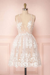 Champagne v neck tulle lace short prom dress champagne tulle bridesmaid dress - RongMoon