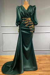 Dark Green Long Sleeve Beading Satin Trumpet Mermaid Prom Dress