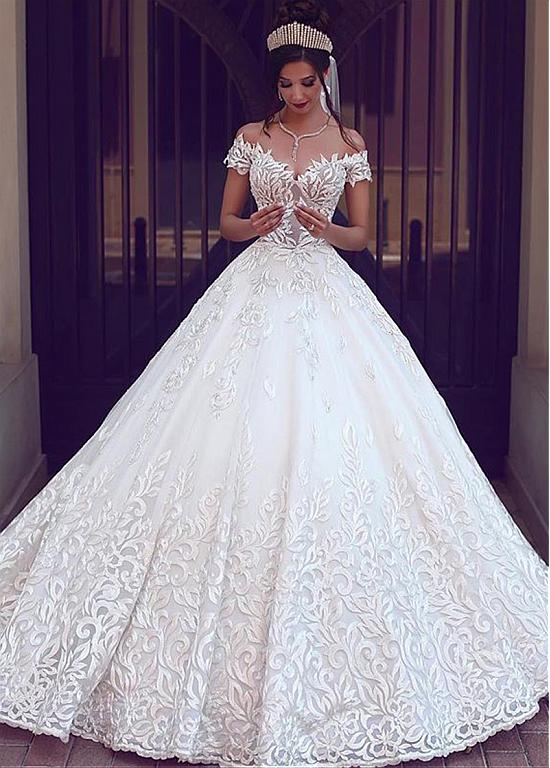 Tulle Off-the-shoulder Lace Appliques A-line Wedding Dress