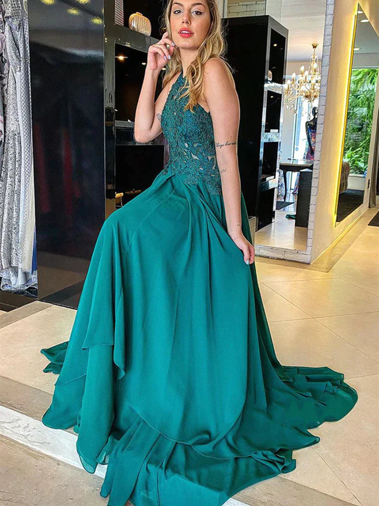 Green Halter Backless Chiffon Appliques Prom Formal Dress