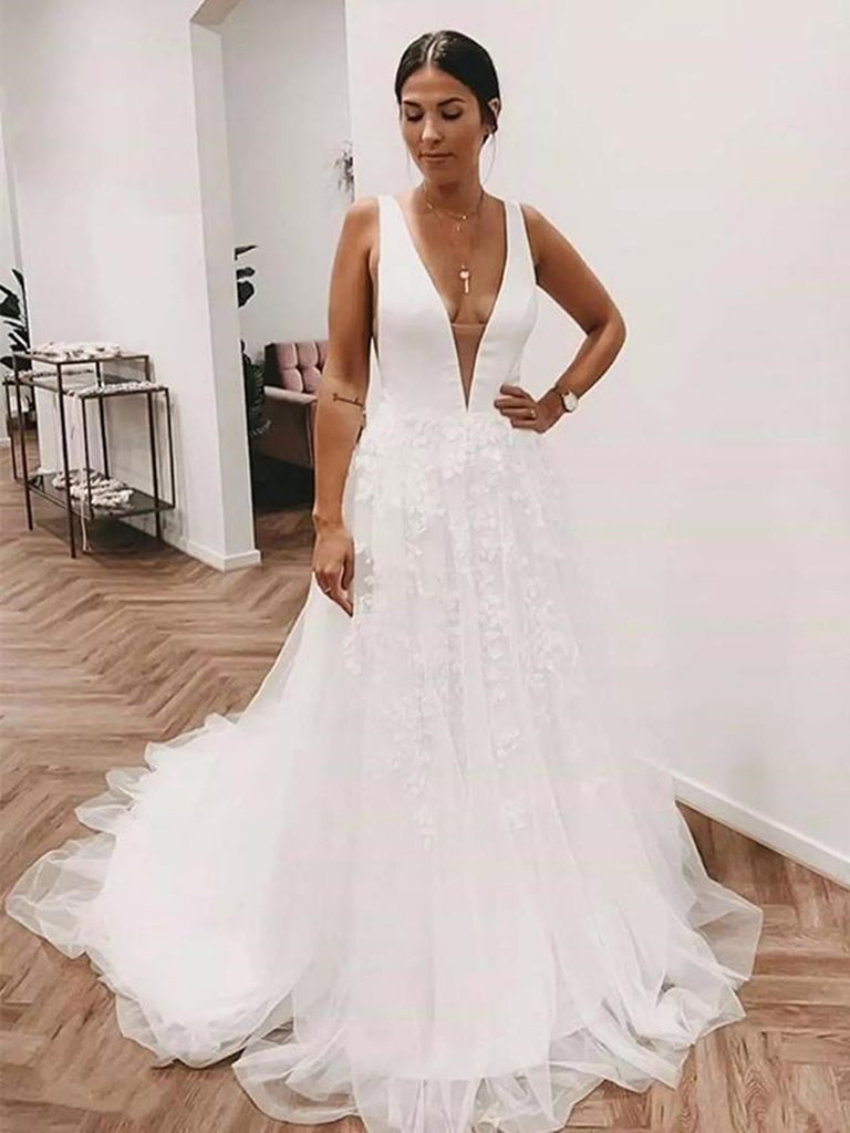 Deep V Neck Appliques White Sweep Train Formal Dress