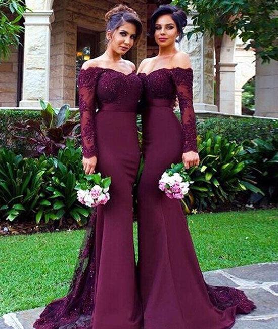 Unique maroon lace mermaid long prom dress, burgundy bridesmaid dress - RongMoon