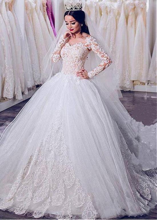 Long Sleeves Tulle Sheer Jewel Beading Ball Gown Wedding Dress