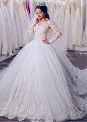 Long Sleeves Tulle Sheer Jewel Beading Ball Gown Wedding Dress