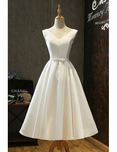 Chic Lace Up Tea Length Vintage Satin Ivory Wedding Dress