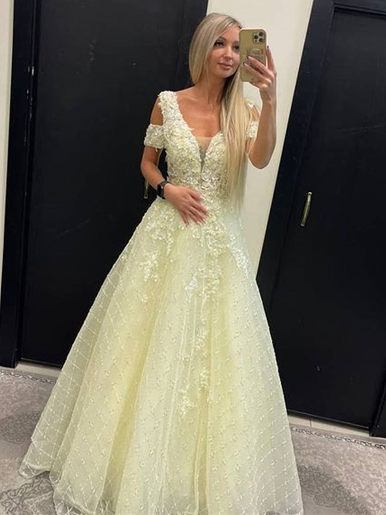 Cap Sleeve V Neck Yellow Tulle Prom Dress