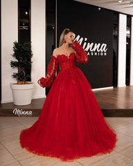 Ball Gown Red Long Sleeve Off The Shoulder Applique Prom Dress