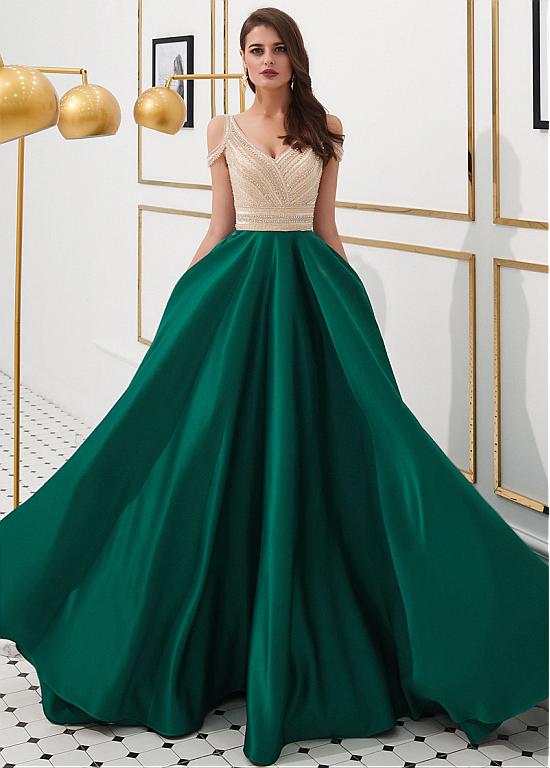 Satin V-neck Green Beading Floor-length A-line Prom Dress
