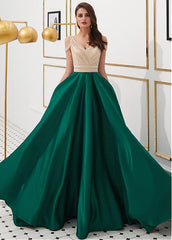 Satin V-neck Green Beading Floor-length A-line Prom Dress