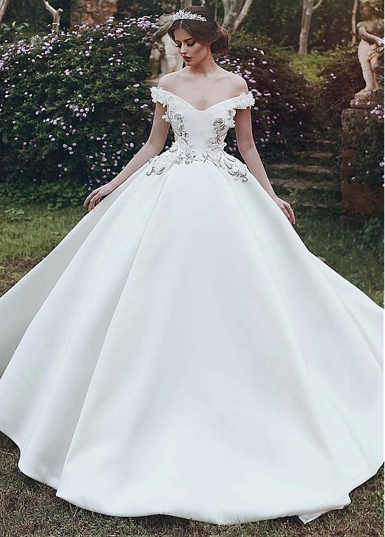 Satin 3D Flowers Off-the-shoulder Ball Gown Wedding Dress