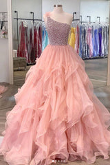 Pink one shoulder beads long prom dress pink evening dress - RongMoon