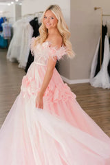Lace Feather Off Shoulder Pink Prom Dress with Flowers