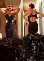Organza Spaghetti Straps Black Ruffles Mermaid Evening Dress