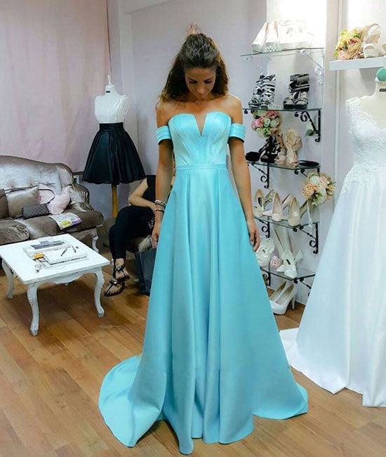 Simple blue satin long prom dress, blue evening dress - RongMoon