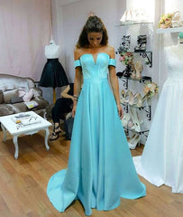 Simple blue satin long prom dress, blue evening dress - RongMoon