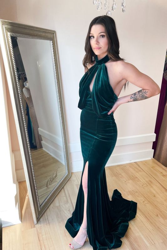 Velvet Sheath Column Dark Green Backless Prom Dress
