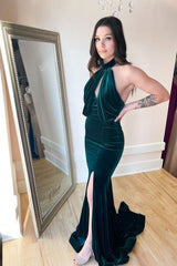 Velvet Sheath Column Dark Green Backless Prom Dress