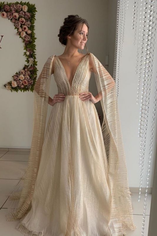 V-neck Sexy Backless Champagne Straps Shawl A-line Wedding Dress