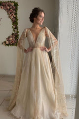 V-neck Sexy Backless Champagne Straps Shawl A-line Wedding Dress