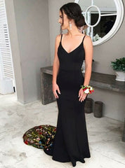 Mermaid Spaghetti Straps Black Prom Dress with Embroidery