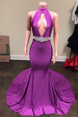 Sexy Backless Long Sweep Train Elastic Purple Prom Dress